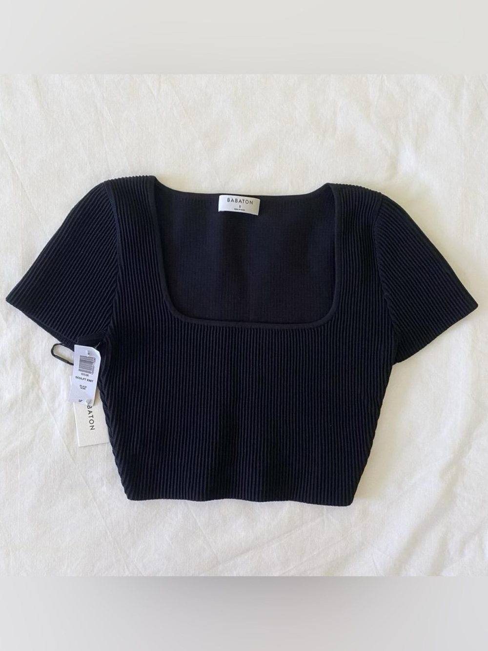 New Babaton Aritzia Square Neck Sculpt Knit Black Ribbed Crop Top size S